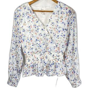 JAPNA Blouse Faux Wrap V-Neck Smocked Floral Feminine Coquette Womens M White